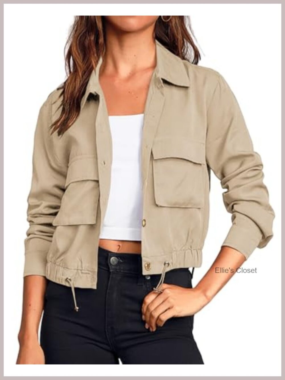 Women's Cropped Military Utility Jacket Button Down Long Sleeve Lightweight